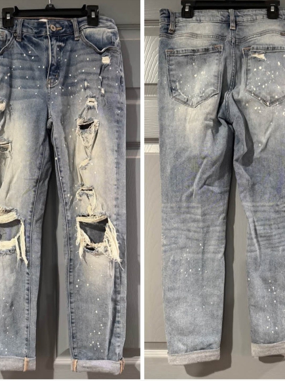 KanCan Light Blue Distressed Boyfriend Jeans with Paint Splatter
